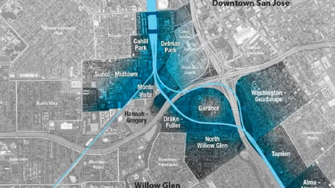 Image caption: The blue line in the center shows the planned location of expanded rail service.