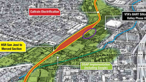 Image caption: The arrival of High Speed Rail, BART and Google will transform the area just west of the Downtown core.