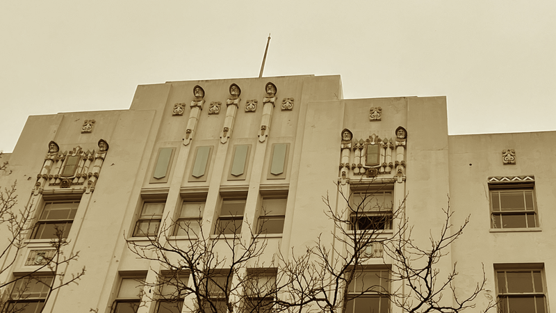 View of the architectural detail on the Palomar Hotel.