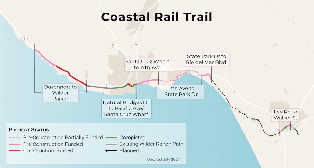 A map of the Santa Cruz County stretch of the Monterey Bay Sanctuary Scenic Trail, known commonly as the Coastal Rail Trail, or the Santa Cruz Rail Trail.