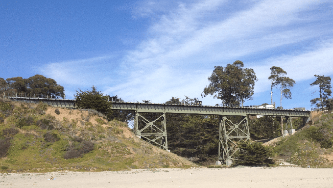 Image caption: A railroad bridge on the Santa Cruz Branch Line as seen from Manresa State Beach in South Santa Cruz County.