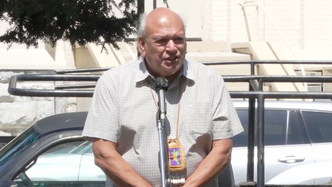 Image caption: Valentin Lopez at the ceremony to remove the bell at Santa Cruz Mission Plaza. To see the full video, visit RemoveTheBells.org.