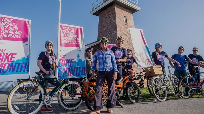 Image caption: Ecology Action promotes alternative transportation year round, not just during Bike Month.