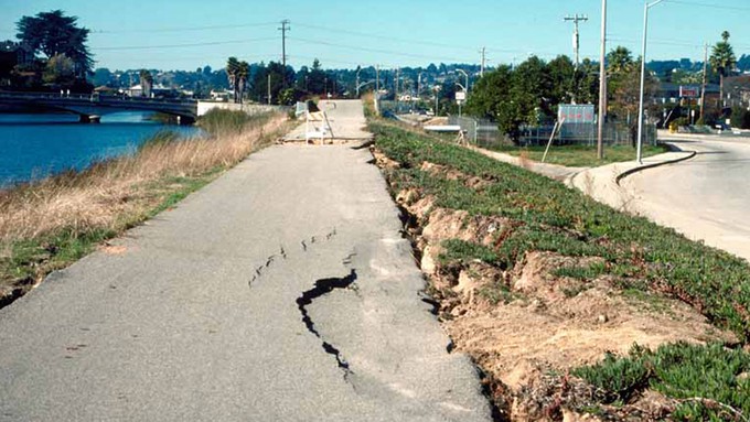 Image caption: The San Lorenzo River has kept flowing through Santa Cruz County’s many disasters. Above, damage from liquefaction in the 1989 Loma Prieta earthquake.