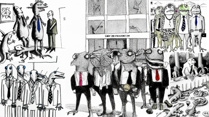 Image caption: Collage of images generated by DALL-E with the prompt “An ink drawing in the style of Ralph Steadman of a group of creatures with human bodies dressed in business attire but with lizard heads, outside Twitter corporate headquarters.”