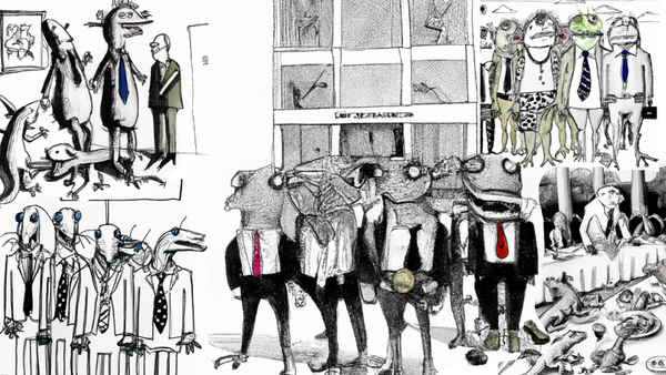 Collage of images generated by DALL-E with the prompt “An ink drawing in the style of Ralph Steadman of a group of creatures with human bodies dressed in business attire but with lizard heads, outside Twitter corporate headquarters.”