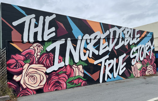 Mural covering the whole back wall of The Spokesman bike shop in downtown Santa Cruz.