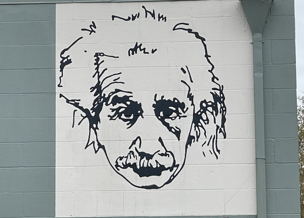 The little mural of Einstein, the original Spokesman himself, on the side wall of The Spokesman bike shop in downtown Santa Cruz.