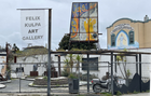 The Felix Kulpa Gallery with the mural on the side of the Elm Street Mission looming overhead next door. I like this mashup, because in Christian theology, the sin of Adam is viewed as a "happy accident" (or, felix culpa, in latin) because it led to the blessing of the Redemption.