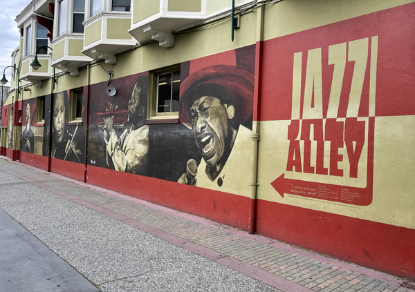 Jazz alley leads to the Kuumbwa Jazz Center, and the mural by Marvin Plummer depicts musicians Christian McBride, John Scofield, Regina Carter, Roy Hargrove and Betty Carter.