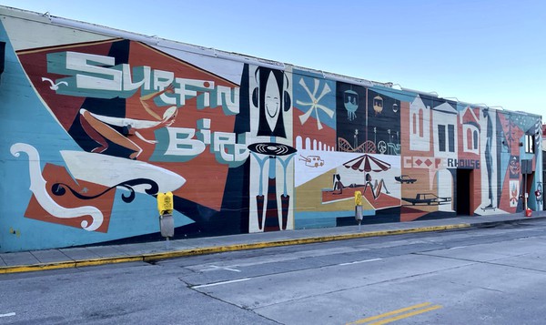 The Surfin' Bird mural, depicting Santa Cruz life.