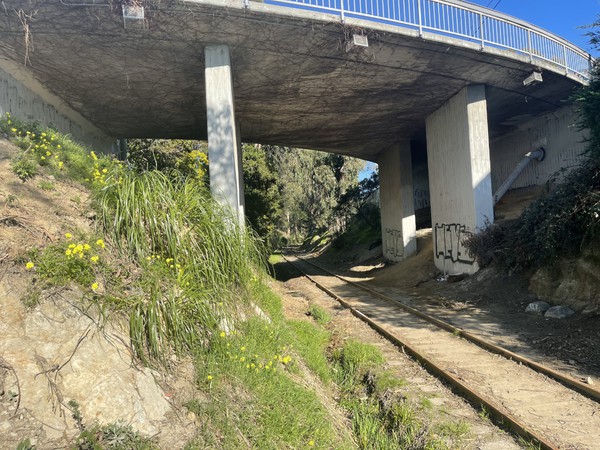 Looking east where the train tracks pass under East Cliff.  It looks like the pedestrian/bike path could be carved out between the upright on the left and the overpass base on the left.