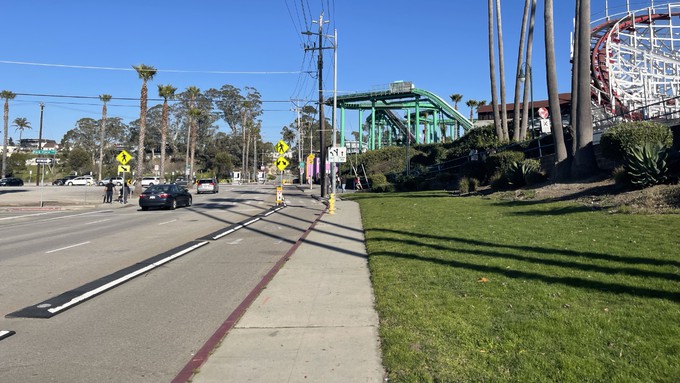 Looking east on Beach Street next to the Boardwalk, with the iconic Big Dipper on the right.