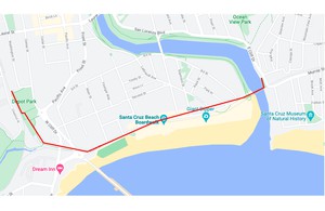 A map of the Coastal Rail Trail Section 8 in Santa Cruz, from Depot Park in the west, passing the Boardwalk and crossing the San Lorenzo River to East Cliff Drive.
