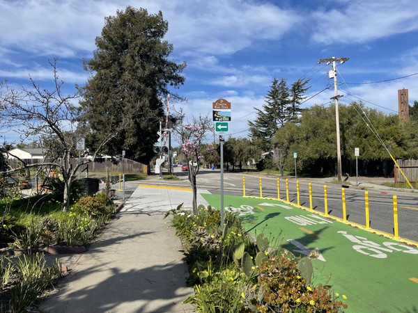 This is where the rail trail meets Bay Street. 
There is a lot of way finding signage at the intersection. Note the flex strips bordering the green bike lane as an additional visual separator for motorists.