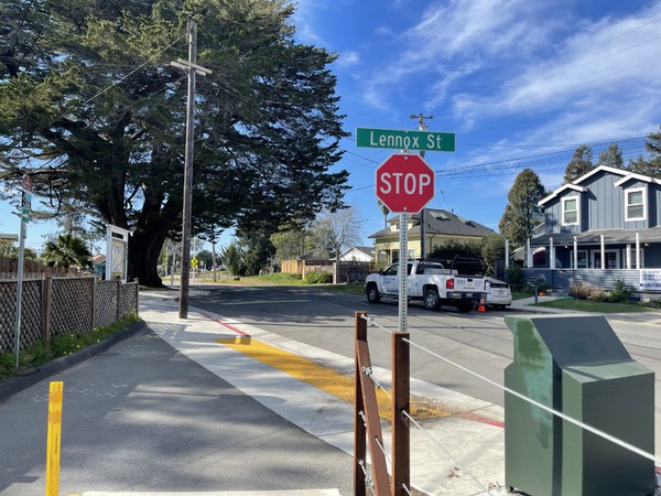 Looking north east at the intersection of the rail trail with Lennox Street in Santa Cruz.  