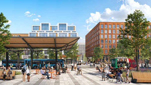 Rendering of a downtown plaza with transit center.