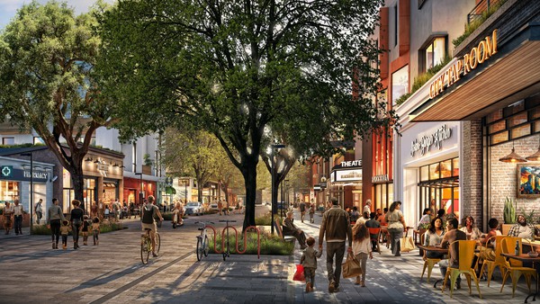 Rendering of walkable streets in a Commercial Mixed Use Zone or Maker and Manufacturing Zone.