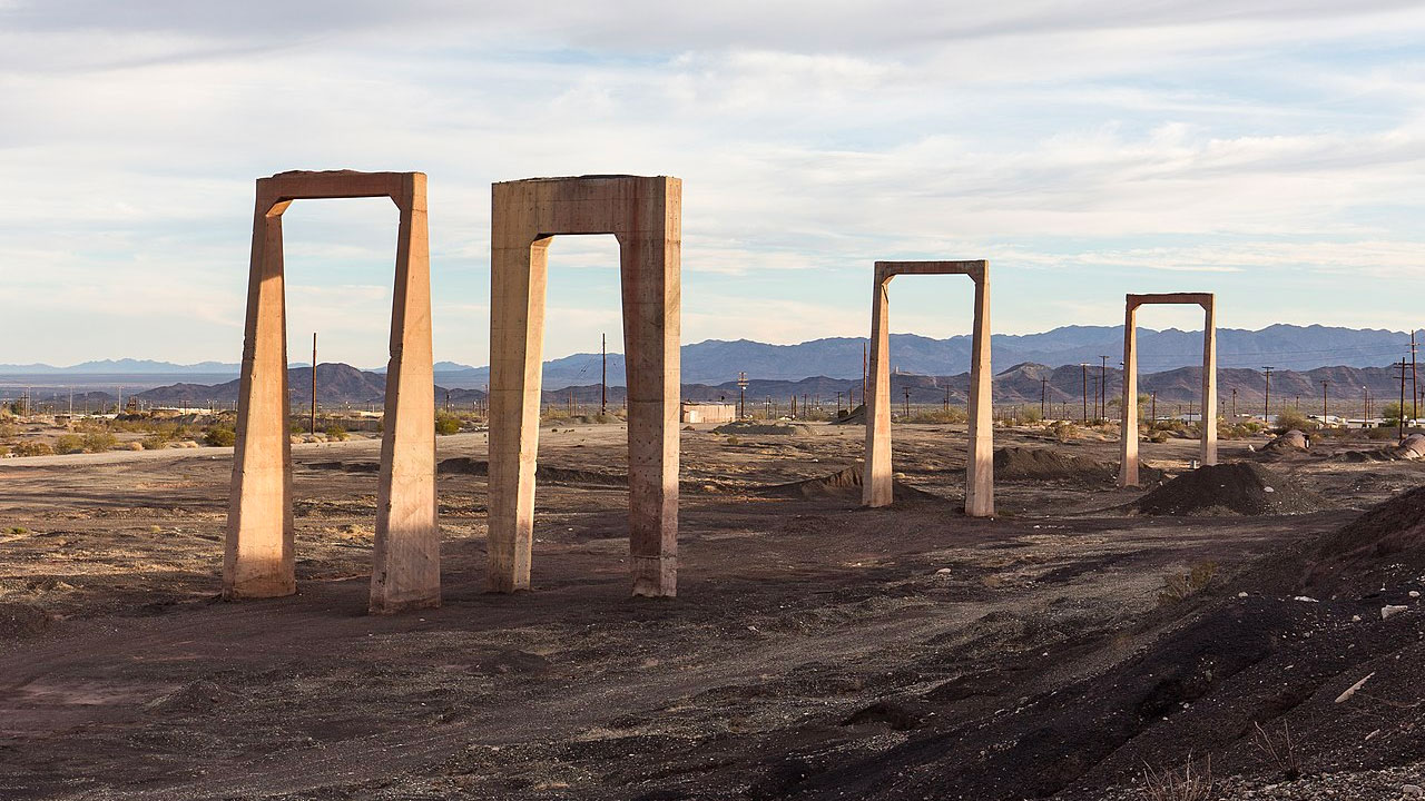 Towering arches at the ruins of a Kaiser Steel plant at Eagle Mountain