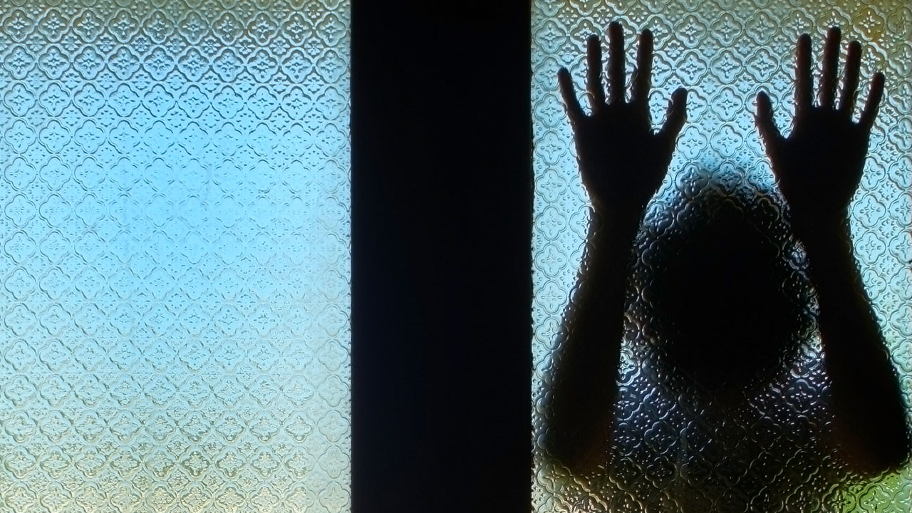 Person pressing hands and head against a glass door