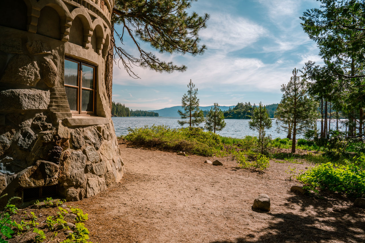 Stone building with Lake Tahoe in the background