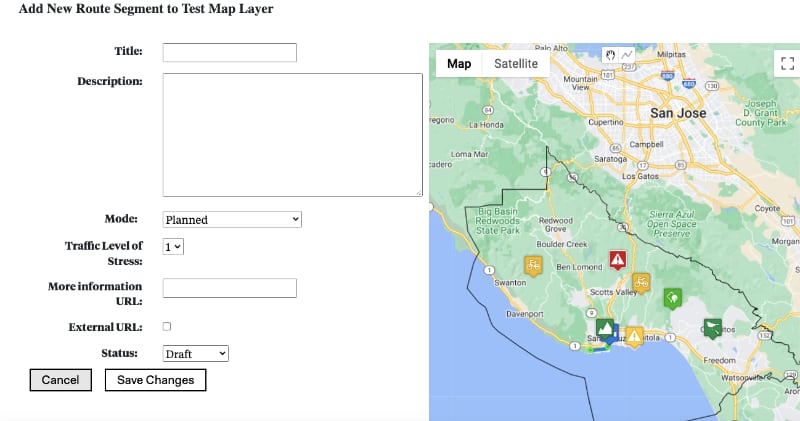 A screen shot of the route segment data entry form.