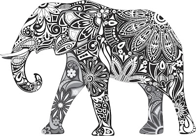 Stylized black and white artwork of an elephant
