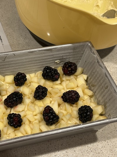 Cake batter in pan, topped with fruit