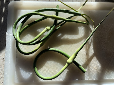 Garlic scapes on a white cutting board