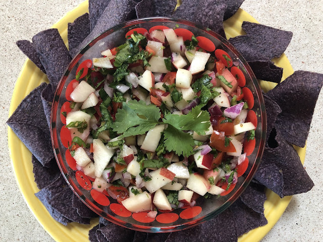 Bowl of white and red salsa with blue chips on a yellow plate