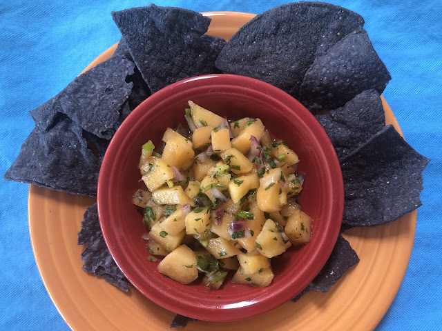 Pale salsa in red bowl and blue tortilla chips on orange plate