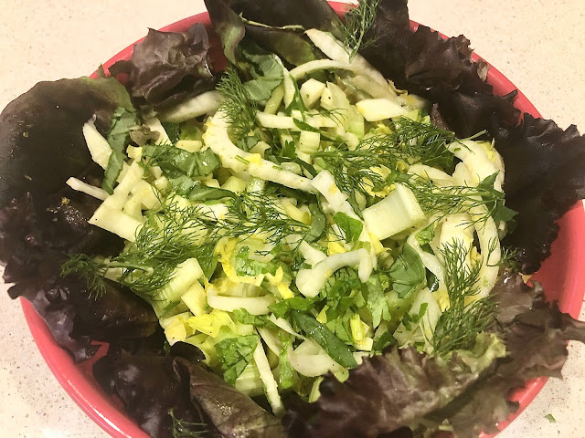 Fennel and celery slices in a red bowl edged with red leaf lettuce