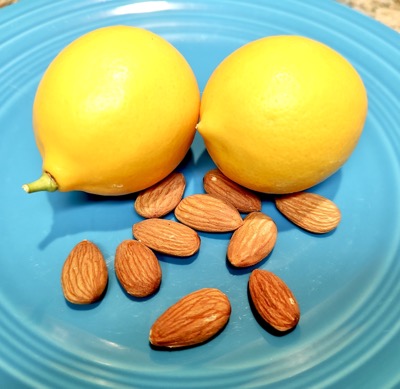 Lemons and almonds on a turquoise plate