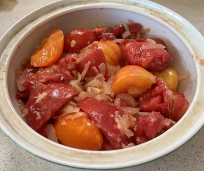 Tomato mixture in casserole dish 