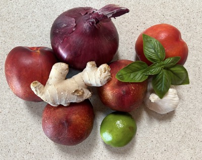 Nectarines, onion, garlic, ginger, lime, basil