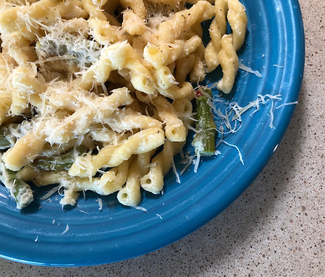 blue plate with pasta in a white sauce