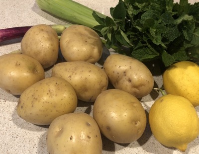 Potato salad ingredients on a counter