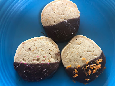 Three cookies on a blue plate