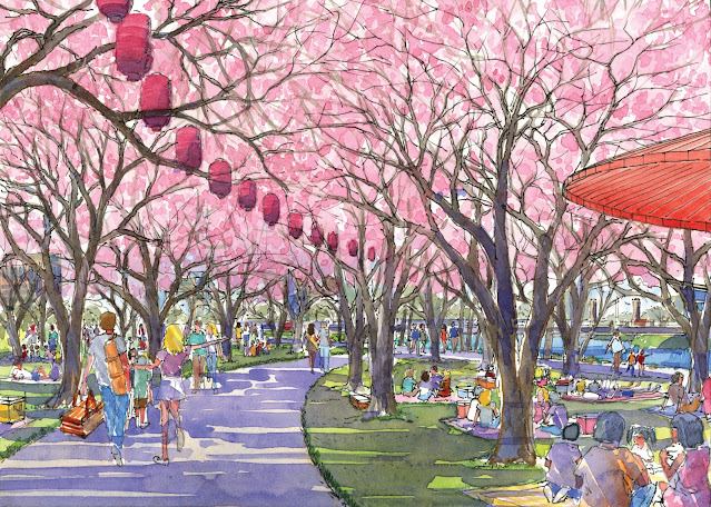 Artist's rendering of cherry trees in park