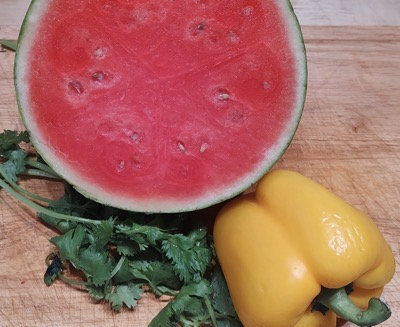 Watermelon, yellow bell pepper and cilantro