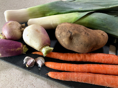 Turnips, potato, garlic, carrots, leeks