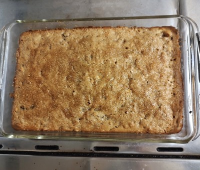 Baked coffee cake in rectangular glass pan