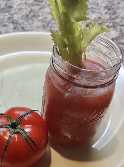 Tomato juice in a clear glass with a celery stalk; tomato at left
