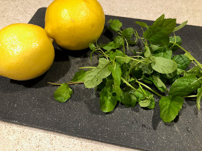 Two lemons and a pile of mint clippings