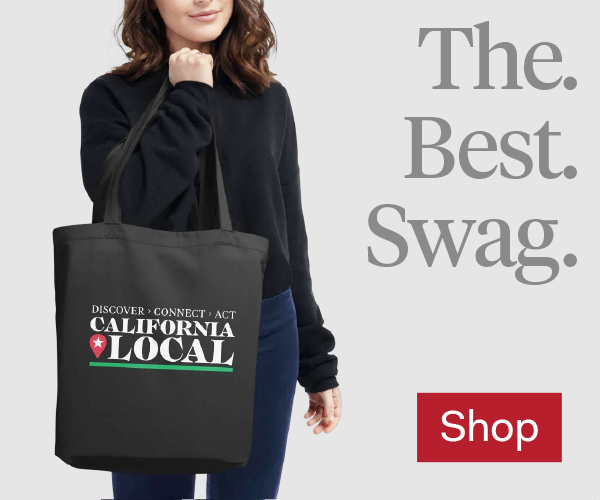 Ad. Photo of woman holding a California local tote bag, available at californialocal.com