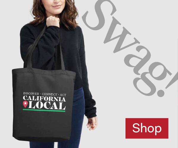Ad. Photo of woman holding a California local tote bag, available at californialocal.com