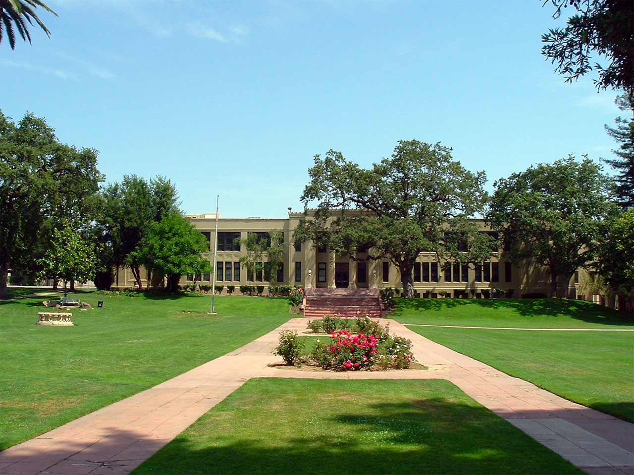 School grounds and building seen from street view