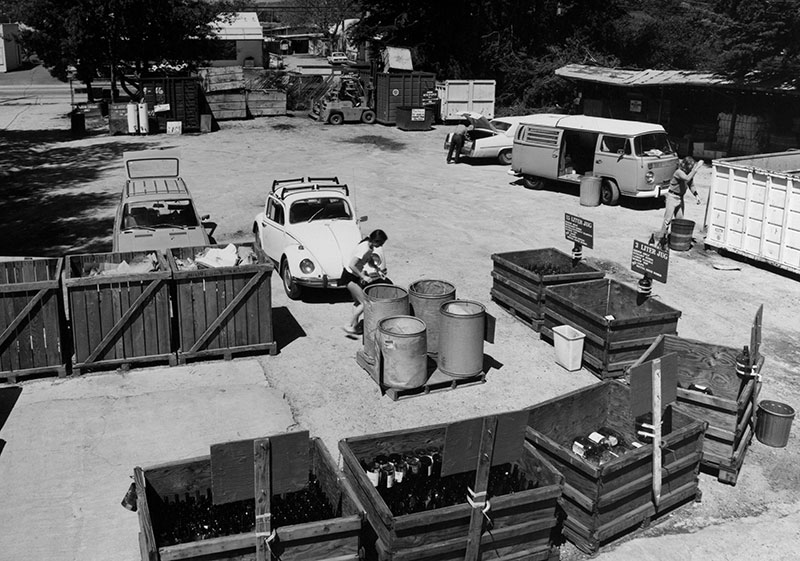Archival shot from overhead of Ecology Action's recycling center