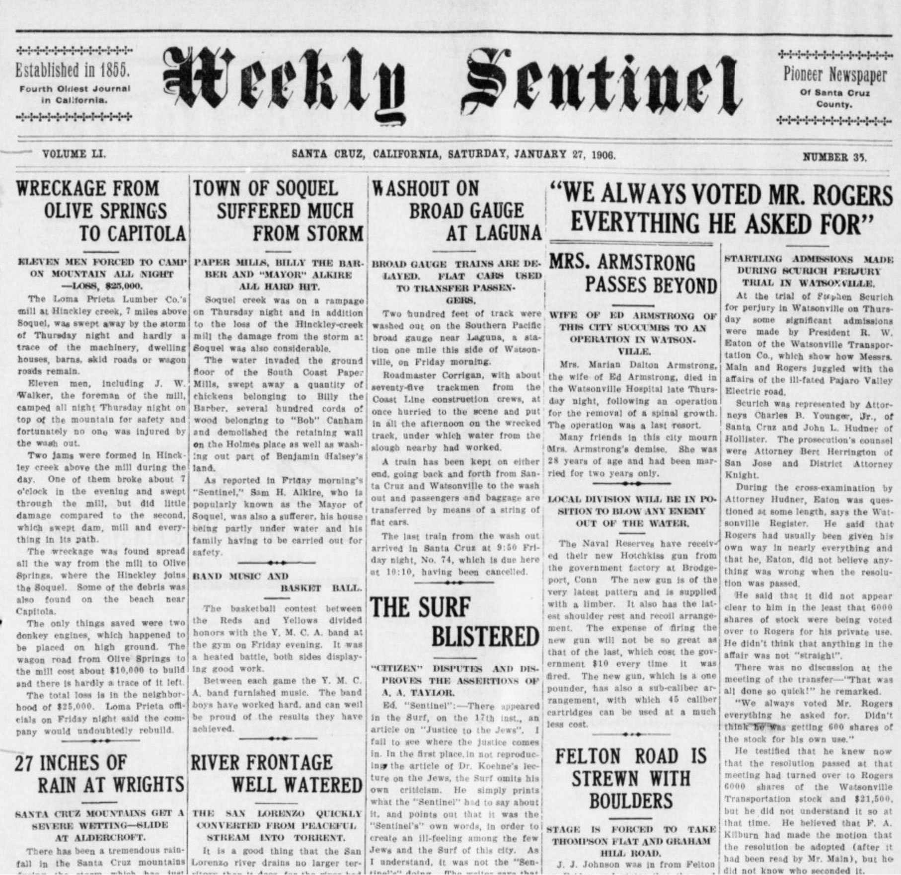 Front page of 1906 Weekly Sentinel